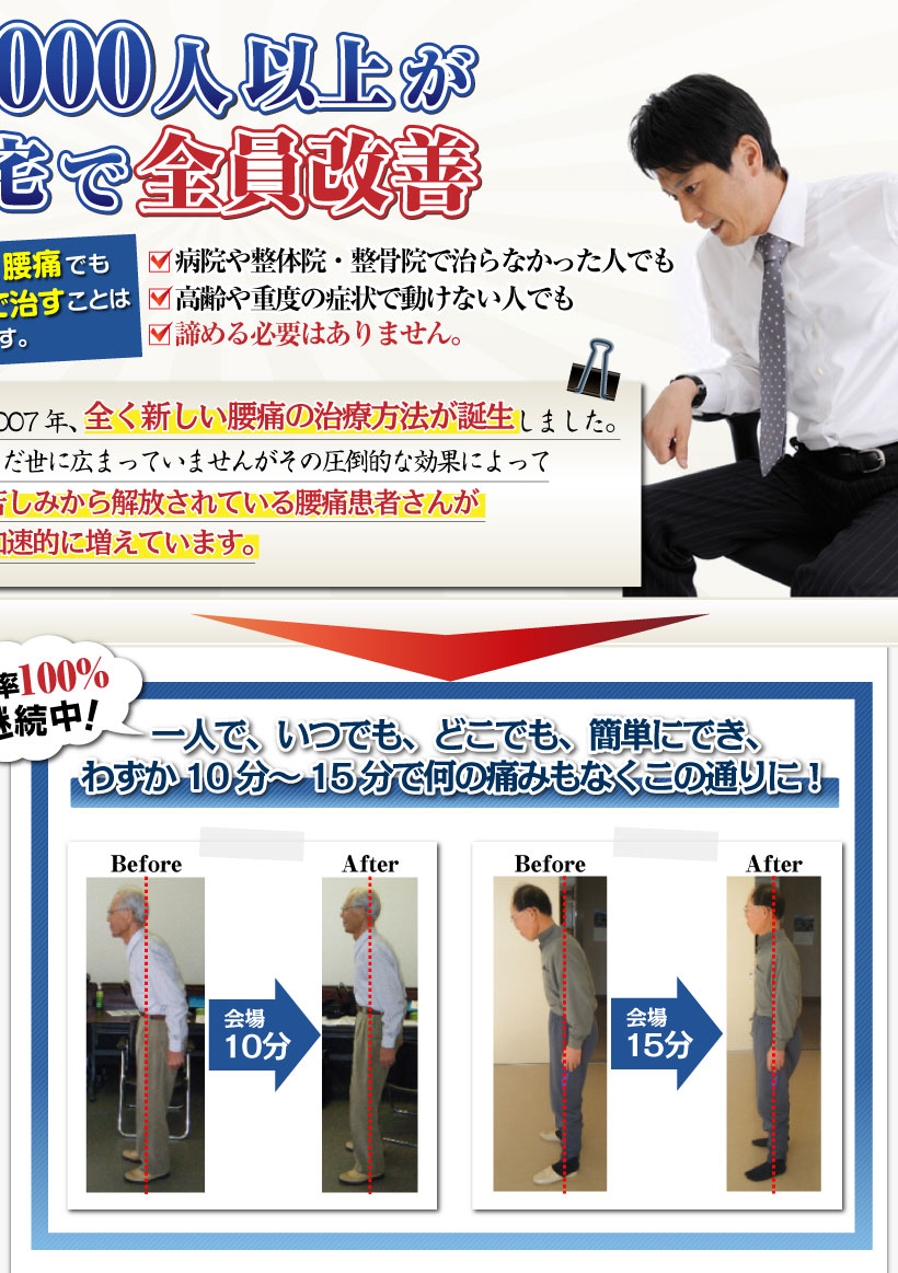 腰痛は腰痛アカデミーで、7,000人以上が自宅でヘルニア、狭窄症、の痛み治し,坐骨神経痛の痛みも治す名医坂戸孝志。
どんな腰痛でも自宅で治すことは可能です。病院や整体院・整骨院で治らなかった人でも
高齢や重度の症状で動けない人でも諦める必要はありません。腰痛は自分で治せることが可能です。
坂戸孝志によって2007年、全く新しい腰痛の治療方法が誕生しました。まだ世に広まっていませんが
その圧倒的な効果によって苦しみから解放されている腰痛患者さんが加速的に増えています。
改善率100％継続中！一人で、いつでも、どこでも、簡単にできわずか10分～15分で何の痛みもなくこの通りに！